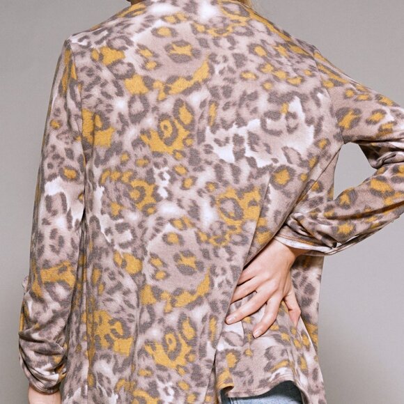 MYSTREE Leopard Print Waterfall Cardigan Brown Mustard Draped Open Front - Picture 7 of 8